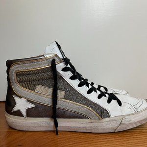 Golden Goose Slide distressed suede-trimmed leather and Lurex high-top sneakers